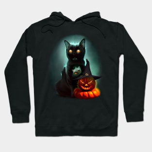 Vampire Cat and Wizard Pumpkin Halloween Surreal Art Hoodie